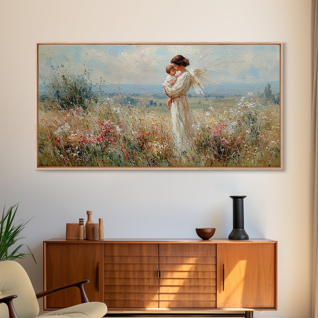 White Angel Mother And Child In Sunlit Wildflower Field Wall Art, Christian Home Decor, Serene Nursery Art Print Gift For Her