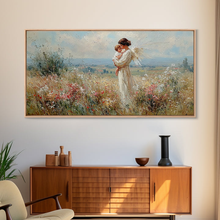 White Angel Mother And Child In Sunlit Wildflower Field Wall Art, Christian Home Decor, Serene Nursery Art Print Gift For Her