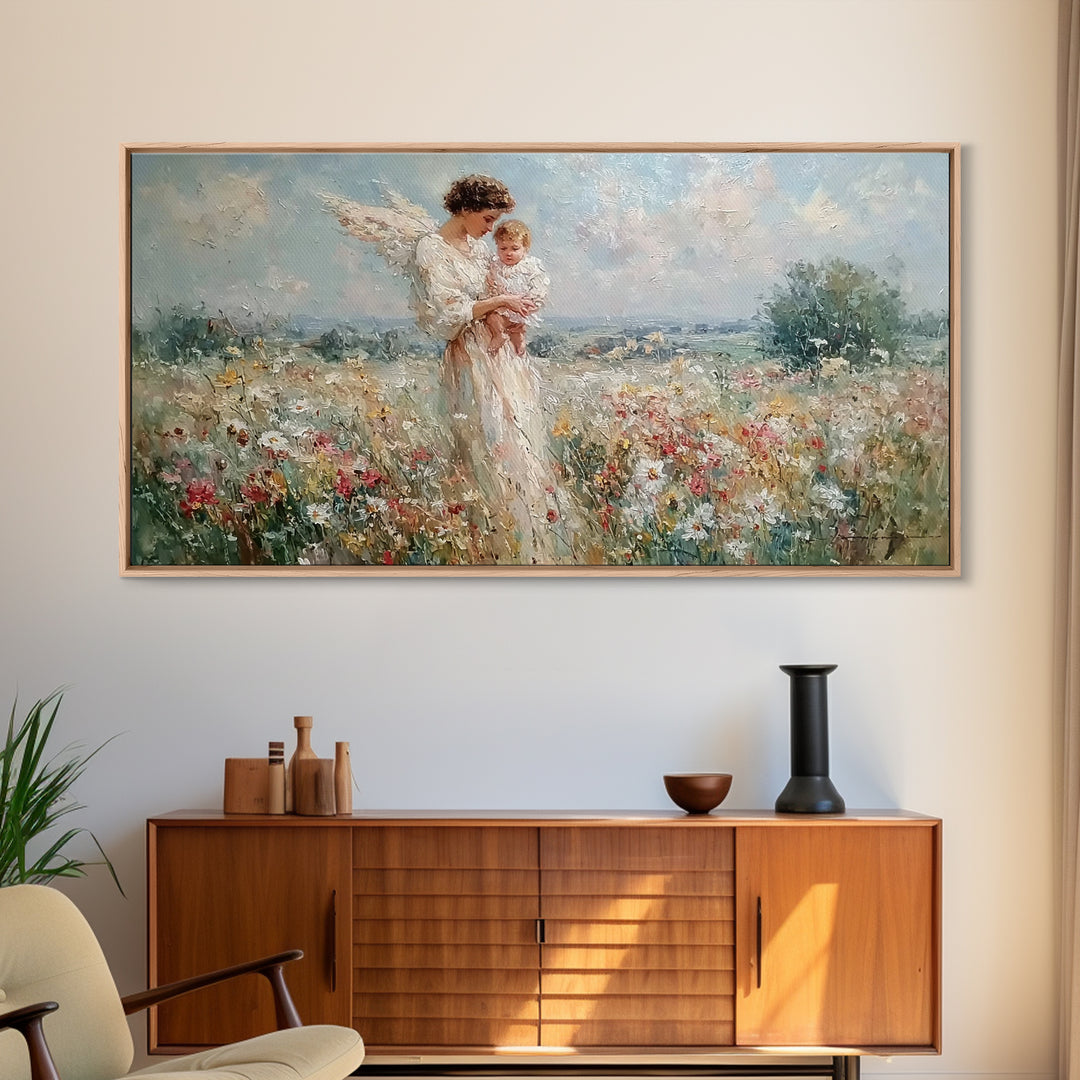 Impressionist Angel Mother With Baby In Daisy Meadow Framed Canvas Print, Christian Nursery Decor, Motherhood Wall Art Gift
