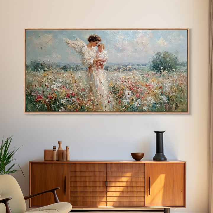 Impressionist Angel Mother With Baby In Daisy Meadow Framed Canvas Print, Christian Nursery Decor, Motherhood Wall Art Gift