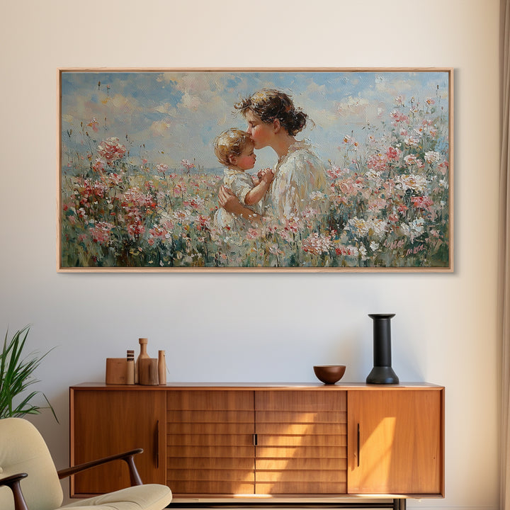 Mother Kissing Baby In Pink Wildflower Garden Wall Art, Impressionist Nursery Decor, Motherhood Gift, Feminine Art Print