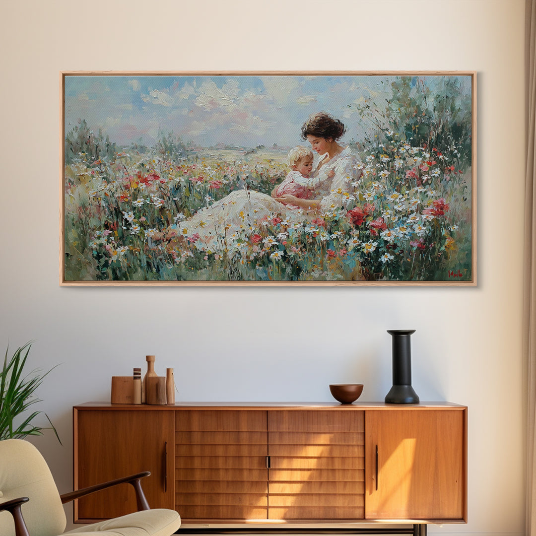 Mother And Baby In Wildflower Meadow Wall Art, Impressionist Floral Landscape, Fine Art Print, Motherhood Gift Home Decor