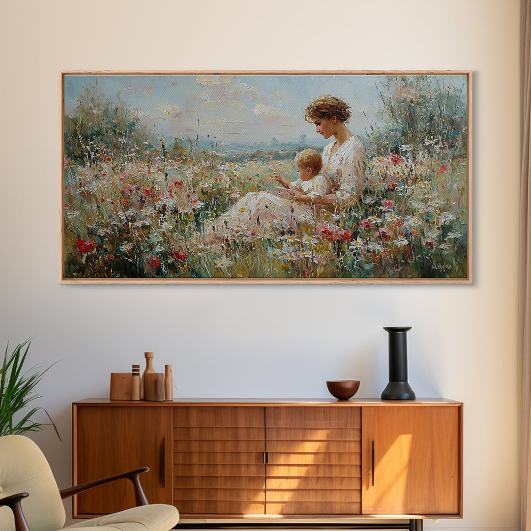 Seaside Wildflower Mother And Child Canvas Print, Impressionist Meadow Landscape, Mother's Day Gift, Living Room Home Decor