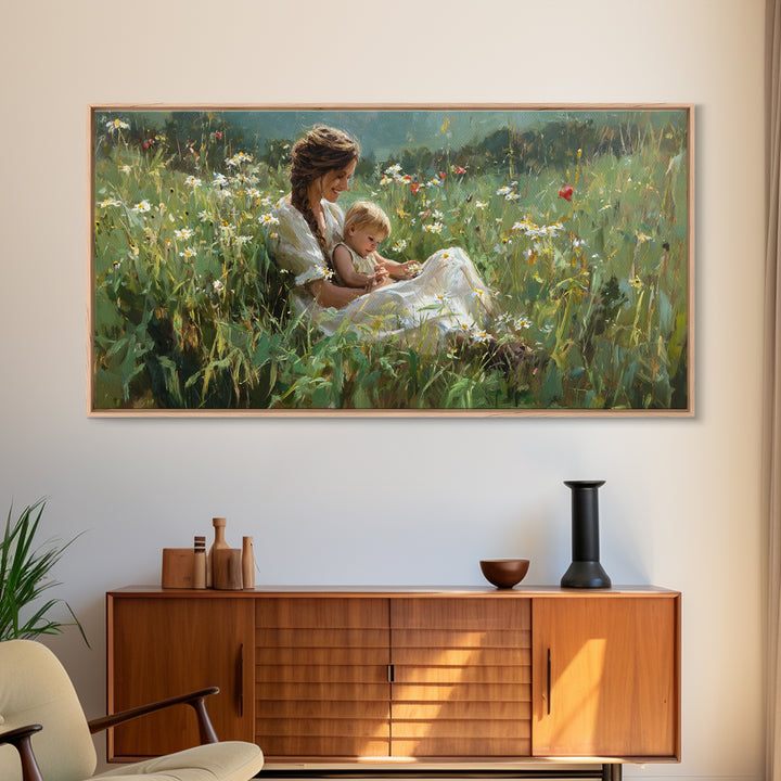 Sunlit Mother And Baby In Daisy Meadow Framed Canvas Print, Impressionist Floral Landscape, Gift For Her, Nursery Wall Decor