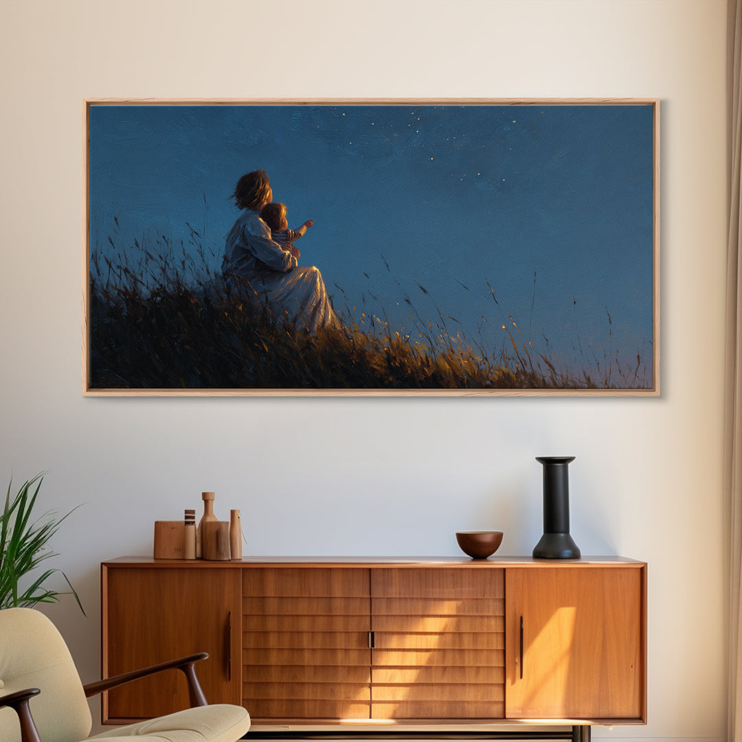 Mother And Child Stargazing On Moonlit Hill Wall Art, Calming Moody Celestial Landscape, Romantic Bedroom Decor, Gift For Her