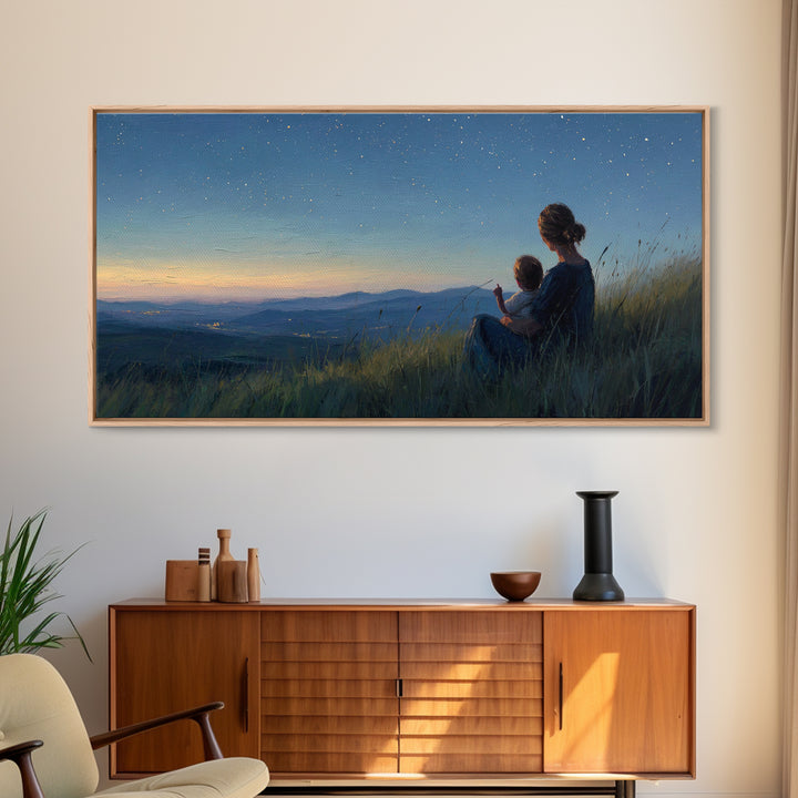 Mother And Child Under Starry Mountain Sky Canvas Print, Celestial Landscape, Blue Bedroom Art, Above Bed Decor, Gift For Her
