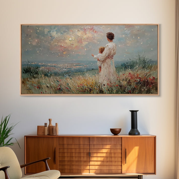 Mother Holding Baby At Sunset Meadow Framed Canvas Print, Romantic Floral Landscape, Fine Art Print, Nursery Wall Decor, Gift For Her