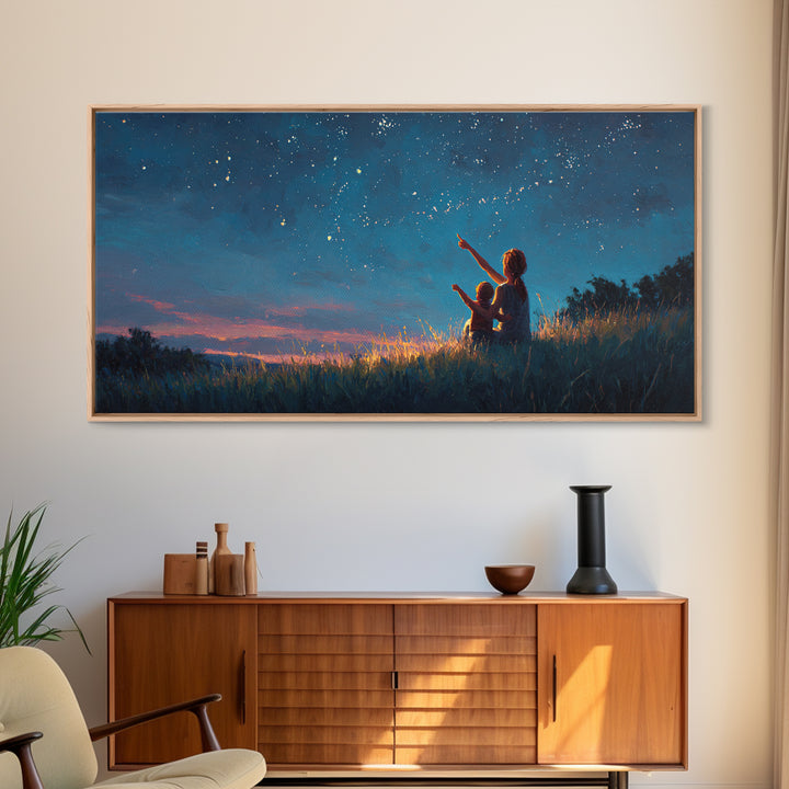 Mother And Child Pointing At Twilight Stars Canvas Print, Celestial Landscape, Blue Wall Art, Modern Bedroom Decor, Gift