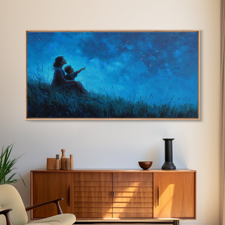 Mother And Child Beneath Deep Blue Starry Sky Wall Art, Celestial Landscape, Calming Bedroom Decor, Above Bed Print, Gift For Her