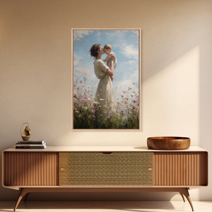 Mother Holding Baby In Wildflower Meadow Framed Canvas Print, Soft Sky Nursery Wall Art, Mothers Day Gift, Fine Art Print