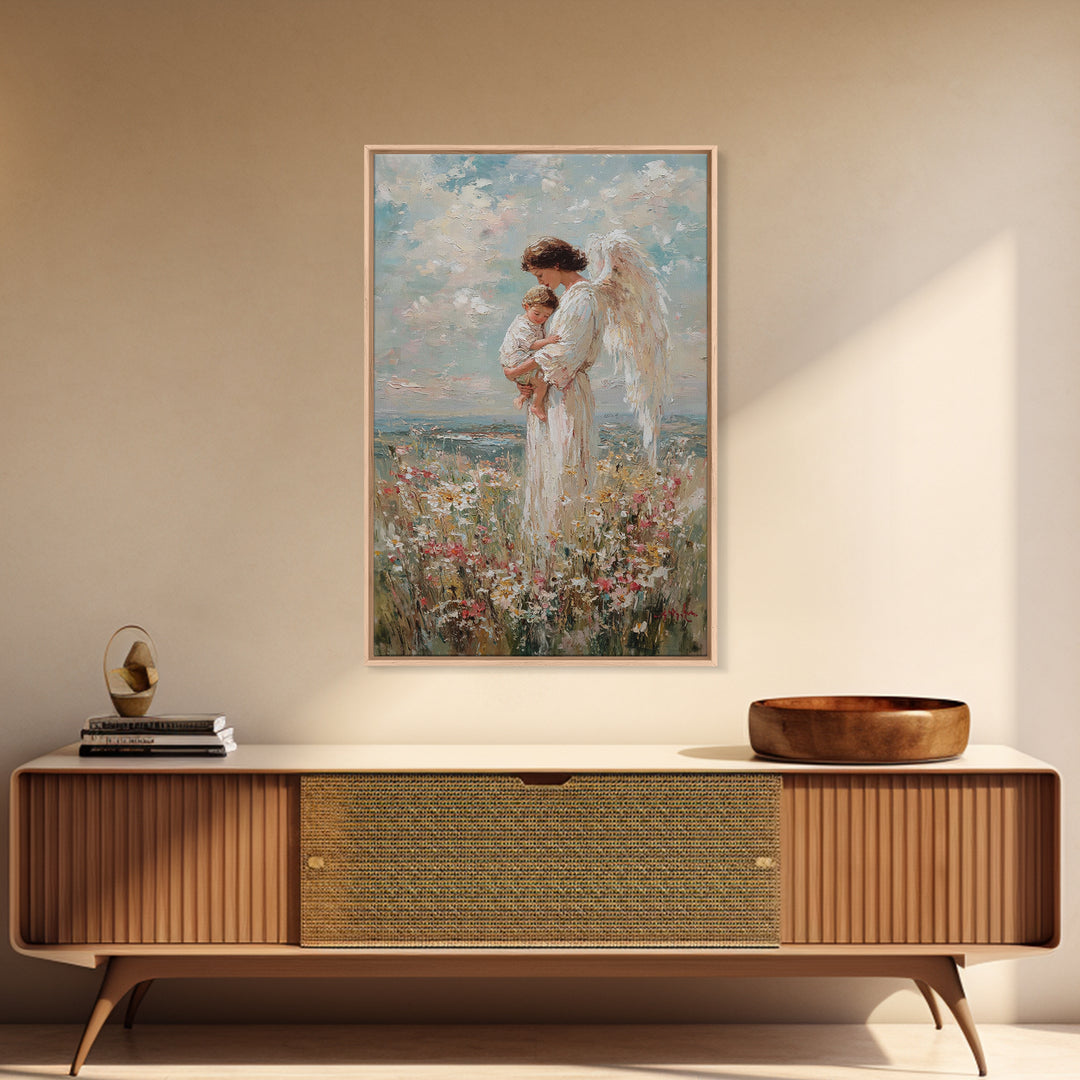 Guardian Angel Holding Child In Flower Meadow Wall Art, Christian Nursery Decor, Spiritual Canvas Print, Baptism Gift For Mom