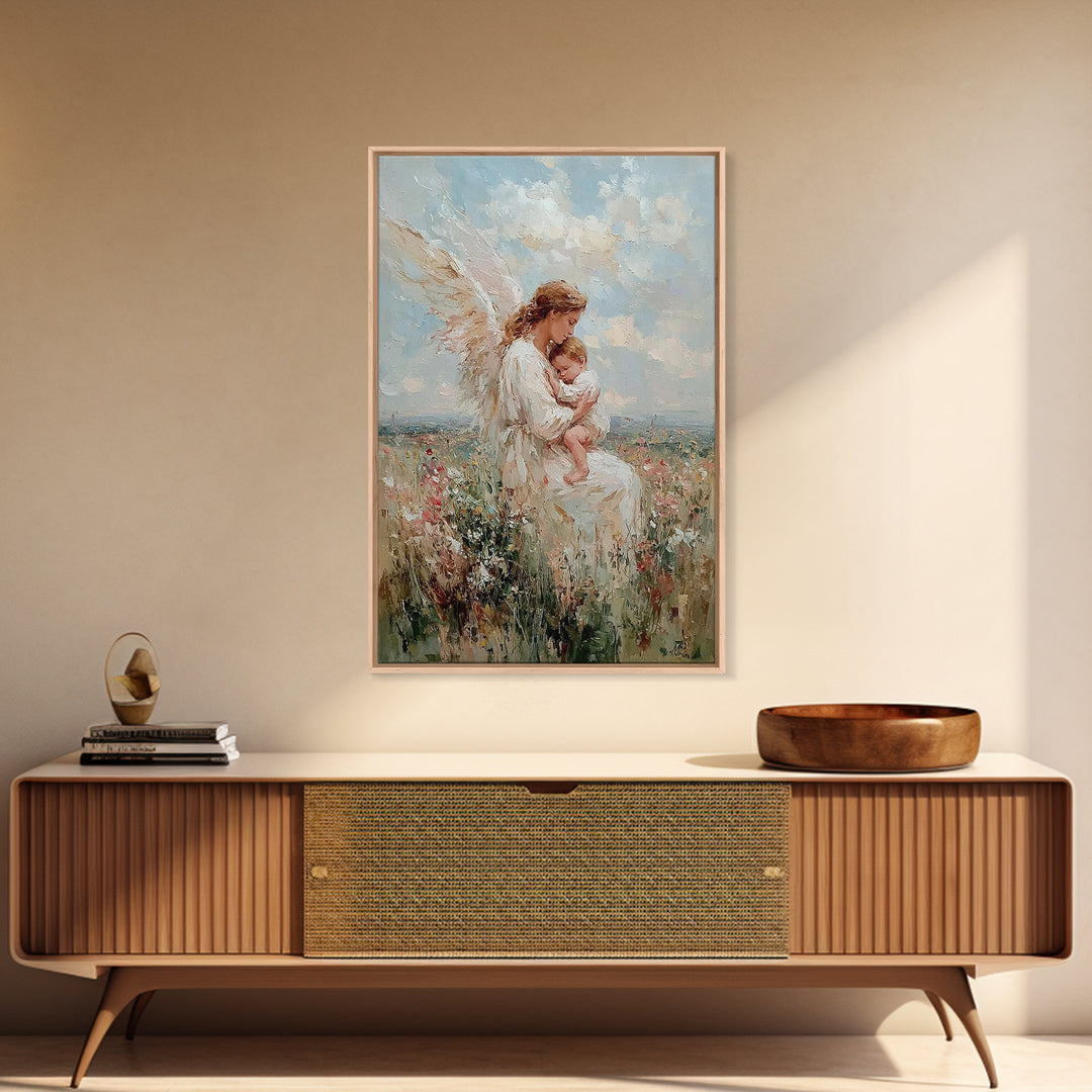 Angel Mother Cradling Baby In Wildflower Field Framed Canvas Print, Christian Wall Art, Nursery Decor, Spiritual Gift For Mom