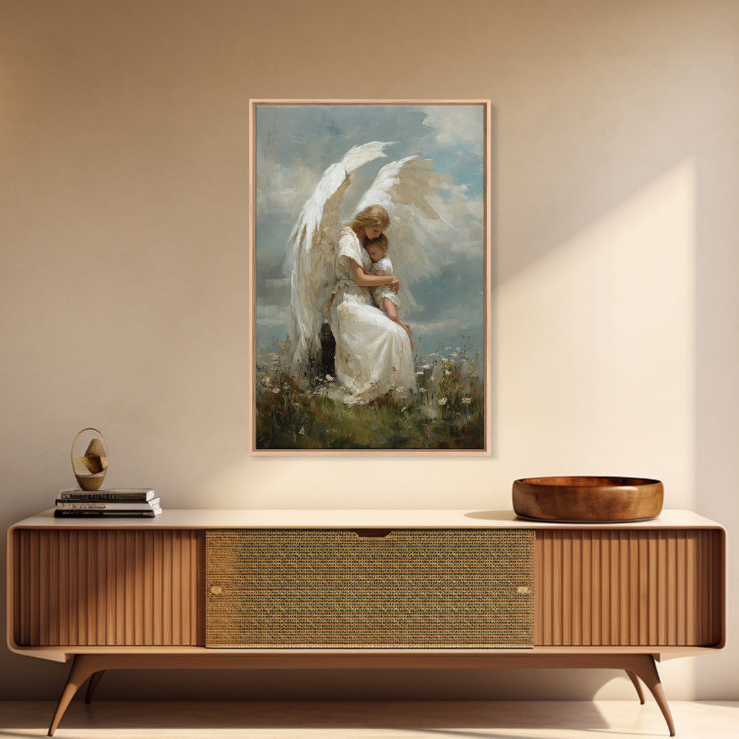 Winged Guardian Angel Embracing Baby Framed Canvas Print, Heavenly Christian Wall Art, Nursery Decor, Baptism Gift For Her