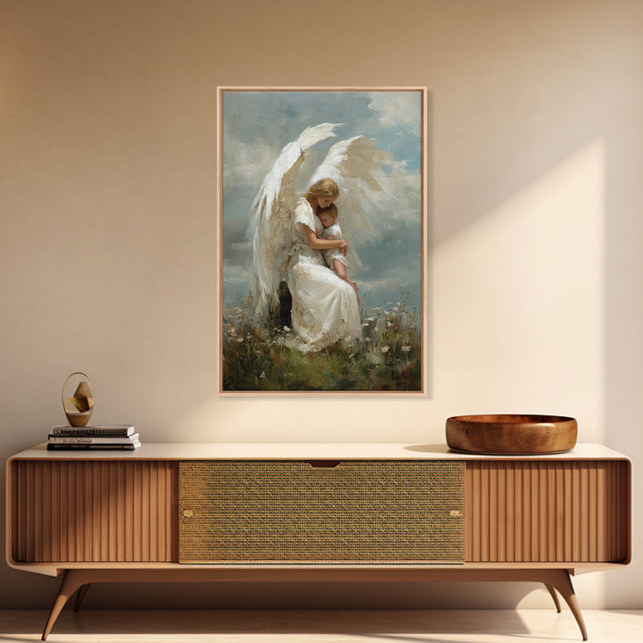 Winged Guardian Angel Embracing Baby Framed Canvas Print, Heavenly Christian Wall Art, Nursery Decor, Baptism Gift For Her