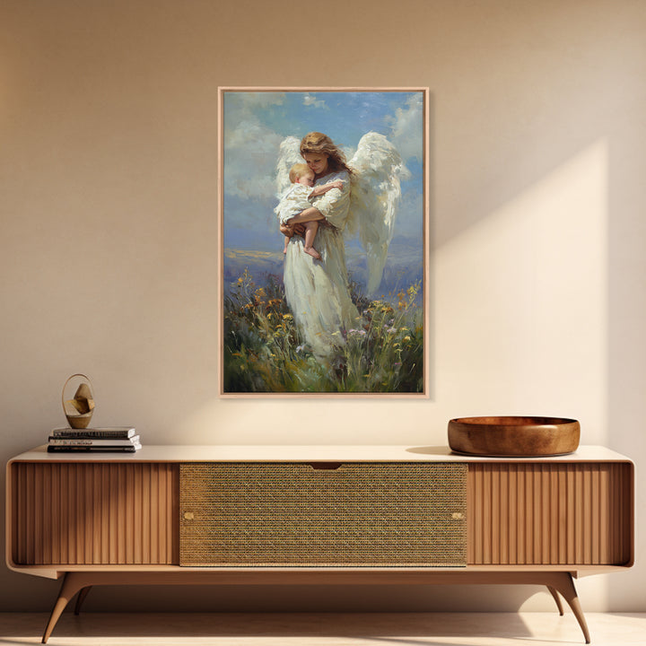 Angel Holding Sleeping Baby In Meadow Canvas Print, Serene Christian Wall Art, Nursery Decor, Guardian Angel Gift For Mom
