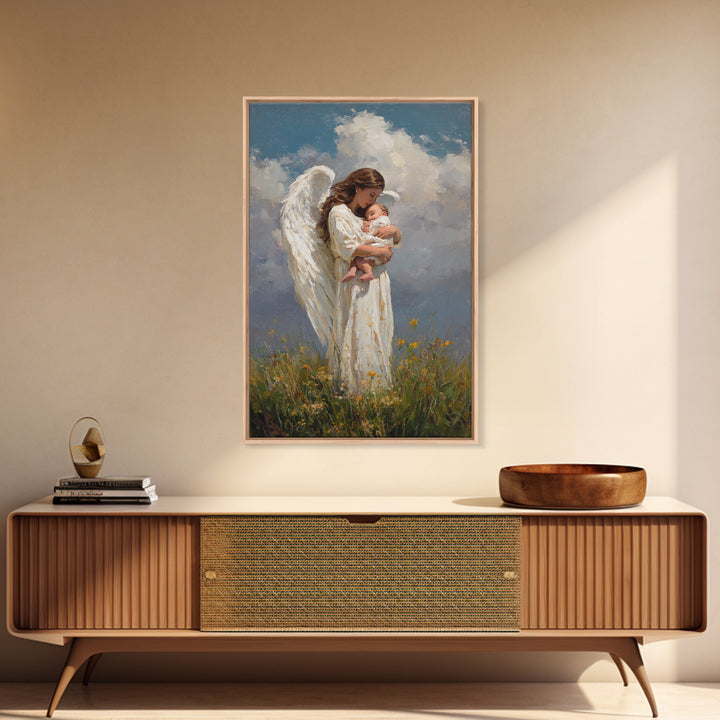 Guardian Angel Holding Newborn Under Clouds Wall Art, Christian Nursery Decor, Baptism Gift, Spiritual Framed Canvas Print