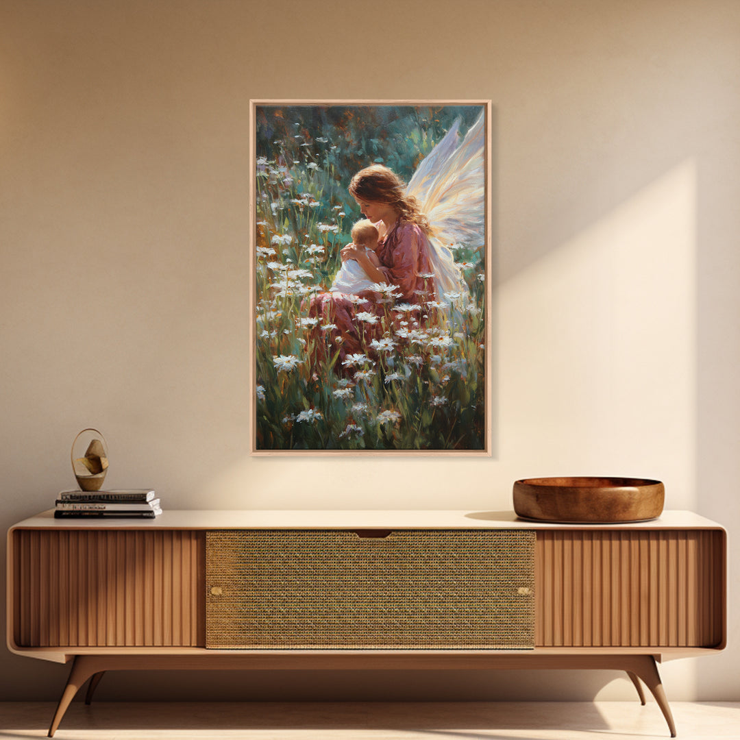 Fairy Mother And Baby In Daisy Garden Framed Canvas Print, Fantasy Wall Art, Nursery Decor, Whimsical Art Print, Gift For Her