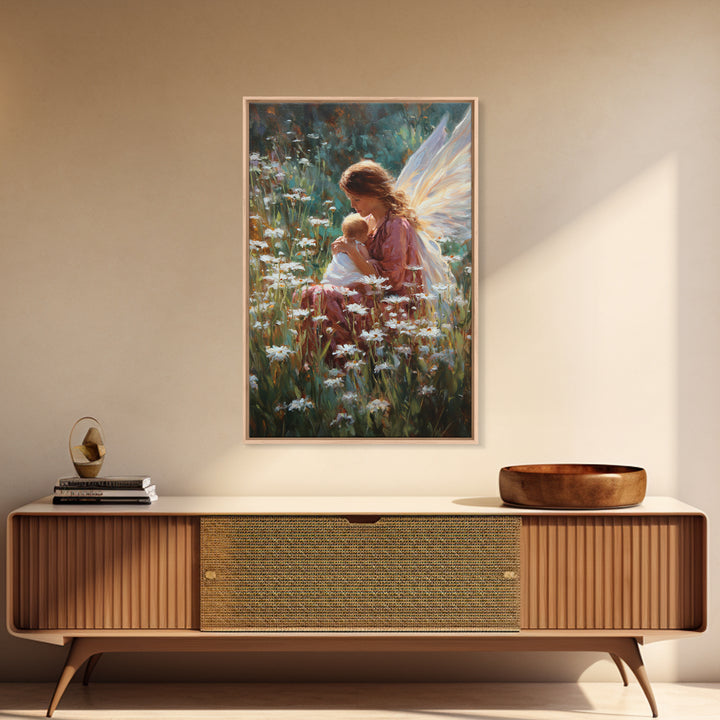Fairy Mother And Baby In Daisy Garden Framed Canvas Print, Fantasy Wall Art, Nursery Decor, Whimsical Art Print, Gift For Her
