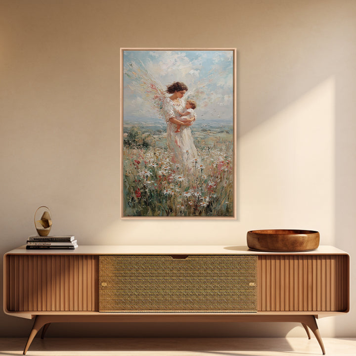 Angel Mother With Infant In Wildflower Meadow Canvas Print, Christian Wall Art, Nursery Decor, Spiritual Gift, Feminine Art