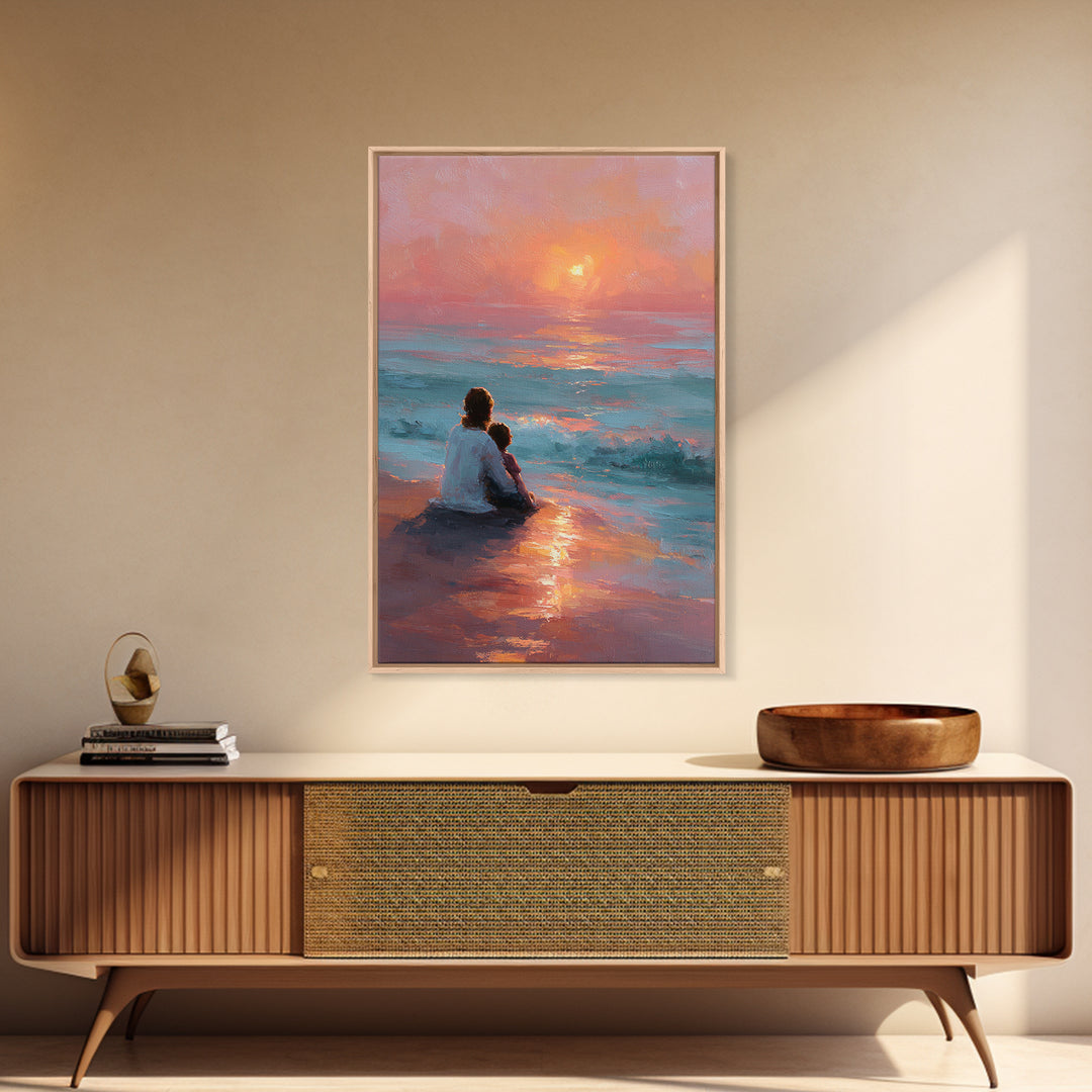 Mother And Child At Pink Ocean Sunset Wall Art, Coastal Beach Canvas Print, Nursery Decor, Mothers Day Gift, Living Room Decor
