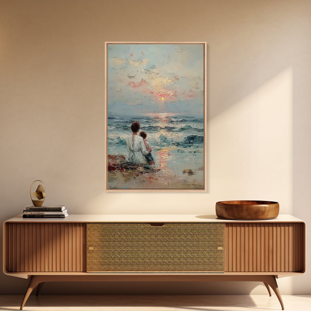 Mother And Child Watching Soft Ocean Sunrise Framed Canvas Print, Coastal Wall Art, Beach House Decor, Mothers Day Gift, Home Decor
