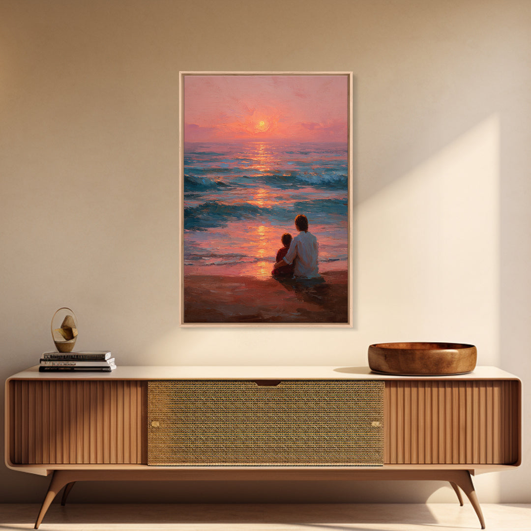 Parent And Child By Rose Ocean Sunset Canvas Print, Beach Wall Art, Coastal Home Decor, Family Gift, Living Room Wall Decor