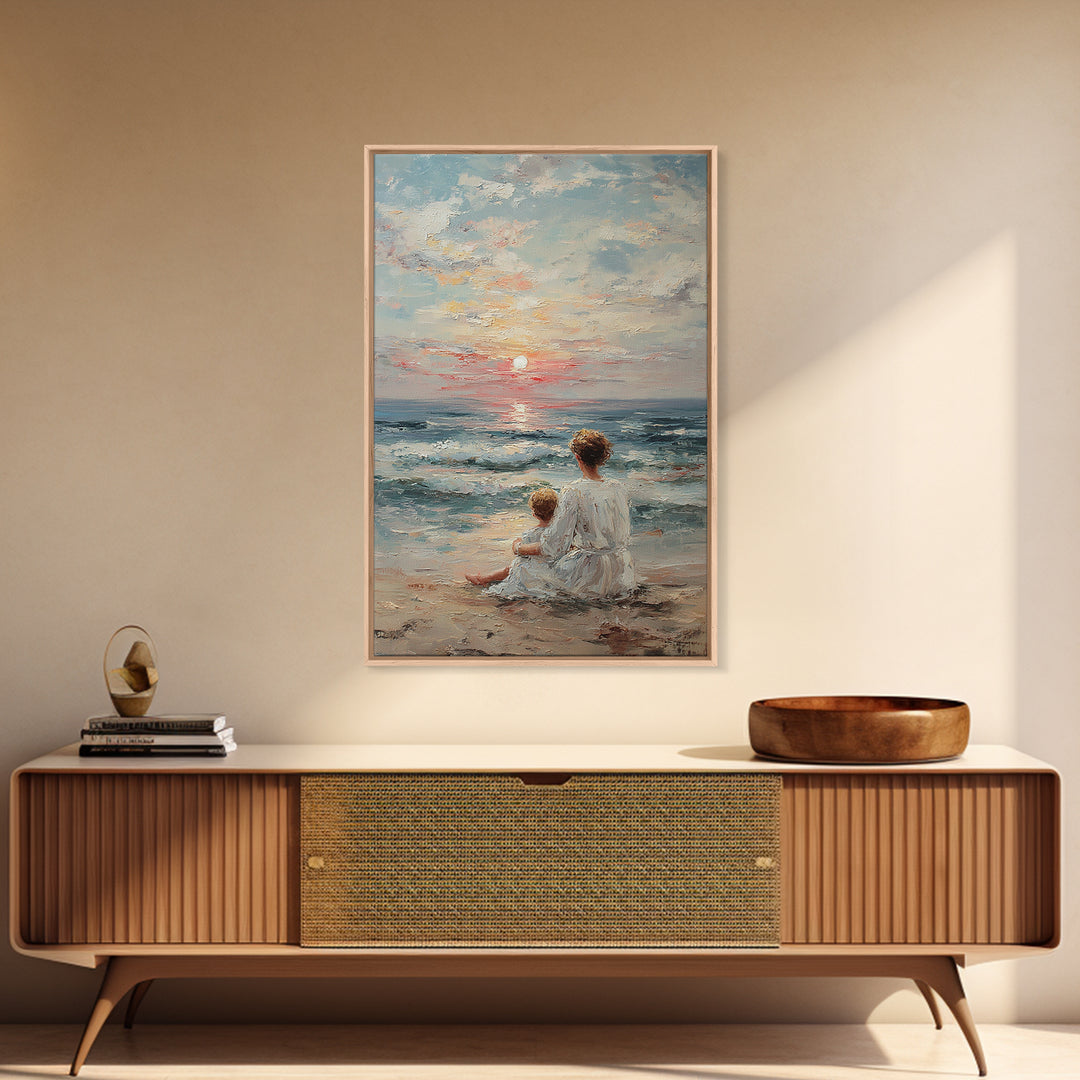 Mother And Child At Pale Seaside Sunrise Framed Canvas Print, Ocean Wall Art, Coastal Nursery Decor, Housewarming Gift, Home Decor