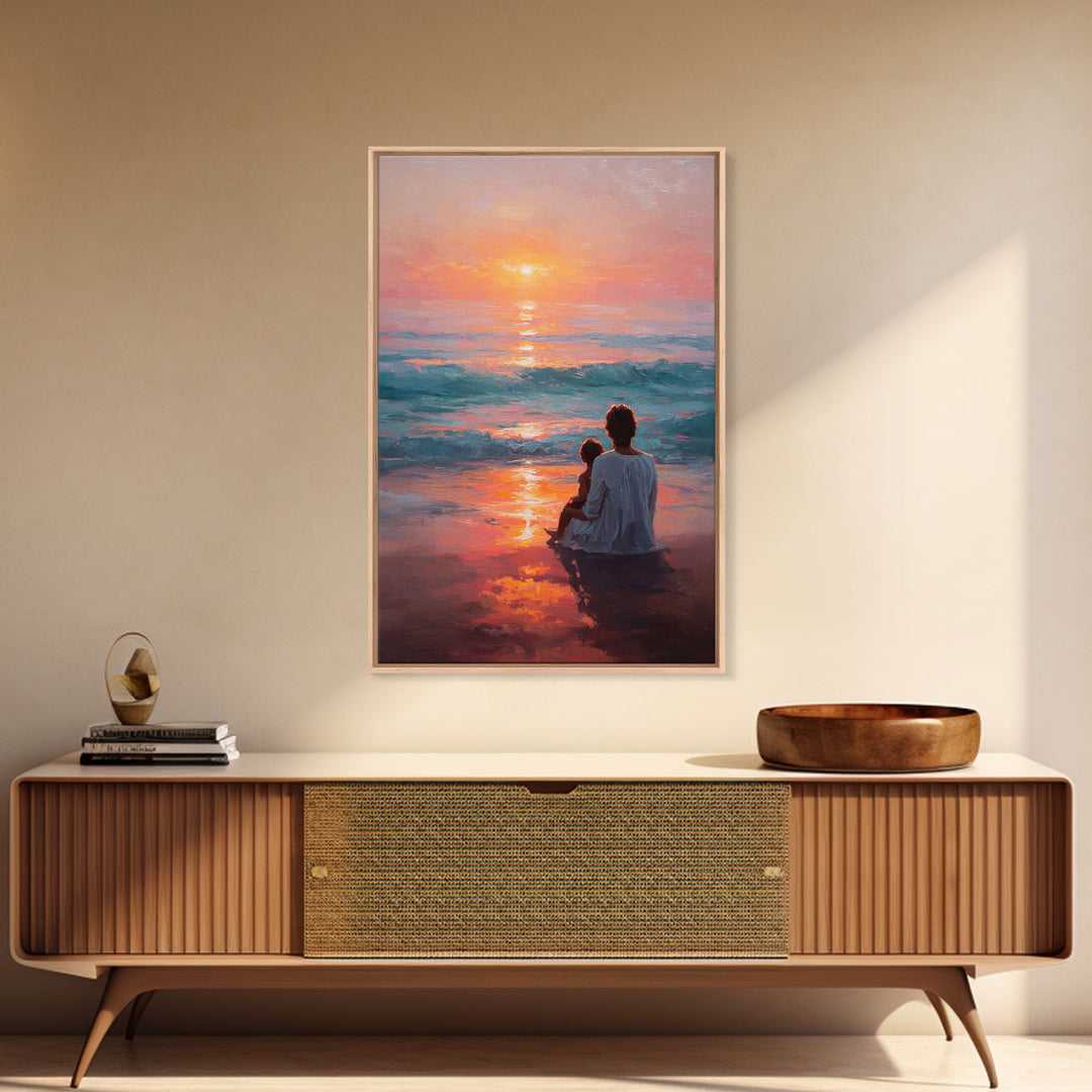 Mother And Child In Vibrant Sunset Surf Wall Art, Coastal Canvas Print, Ocean Beach Decor, Mothers Day Gift, Bedroom Decor