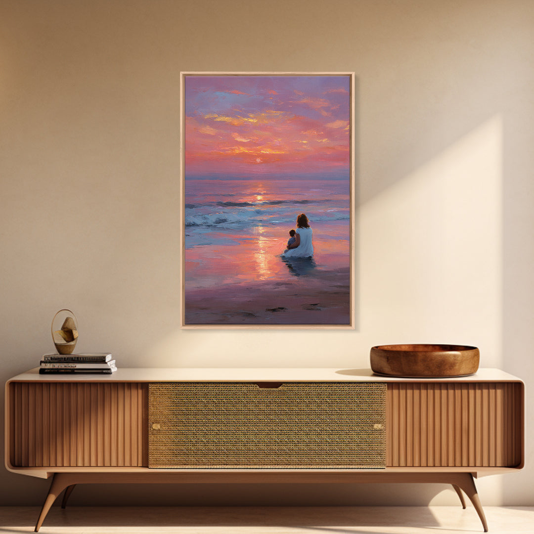 Mother And Baby In Pink Purple Ocean Sunset Canvas Print, Beach Wall Art, Coastal Bedroom Decor, Mothers Day Gift, Nursery Art