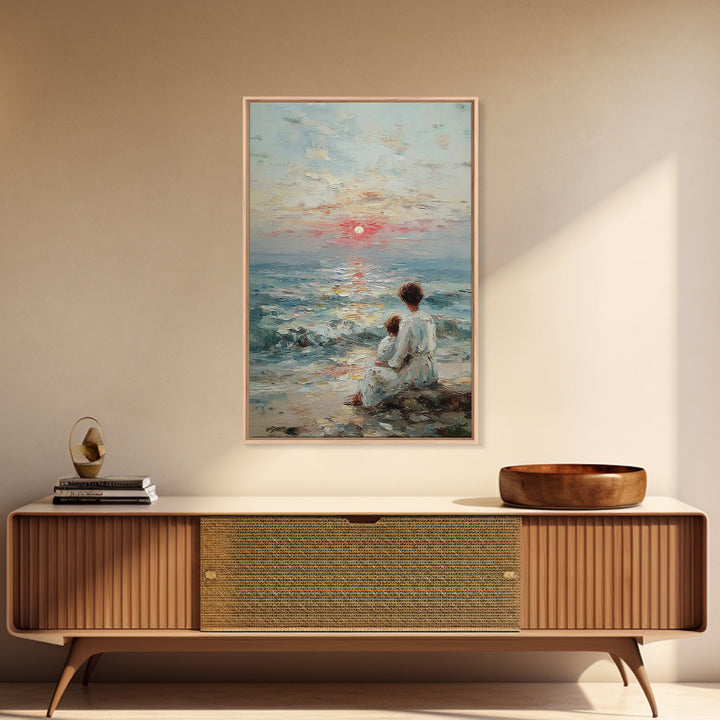 Mother And Child Watching Textured Sea Sunrise Framed Canvas Print, Coastal Wall Art, Beach House Decor, Living Room Art