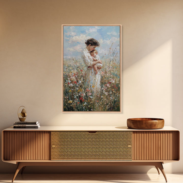 Mother And Baby In Blooming Meadow Framed Canvas Print, Soft Impressionist Wall Art For Nursery And Motherhood Home Decor