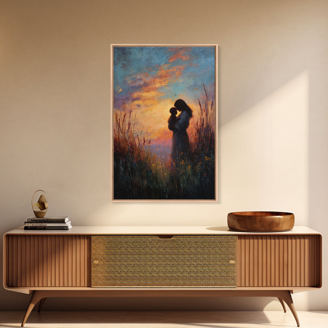 Sunset Silhouette Of Mother And Child In Meadow Wall Art, Moody Canvas Print For Nursery, Bedroom Decor, And Gift For Mom