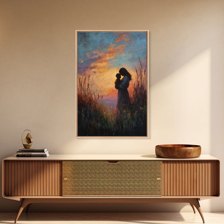 Sunset Silhouette Of Mother And Child In Meadow Wall Art, Moody Canvas Print For Nursery, Bedroom Decor, And Gift For Mom
