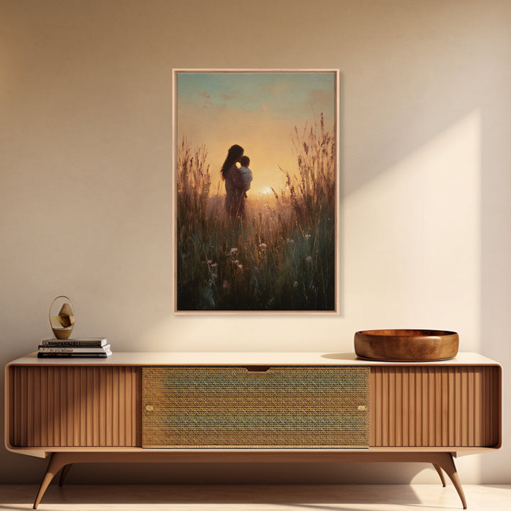Golden Sunset Mother And Child Silhouette Canvas Print, Warm Meadow Wall Art For Nursery, Bedroom Decor, And Mothers Day Gift