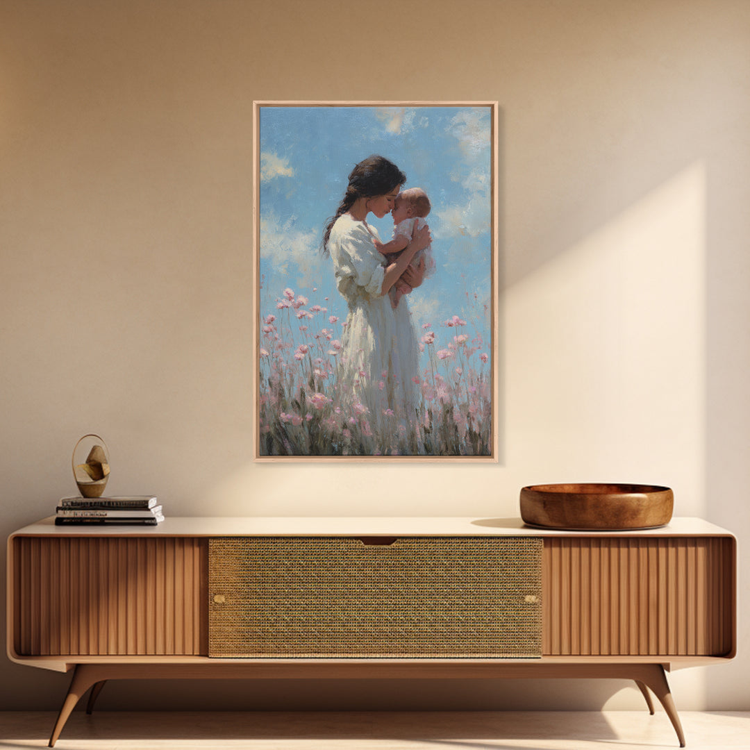 Mother And Baby Among Pink Wildflowers Wall Art, Soft Impressionist Canvas Print For Nursery Decor, Baby Shower Gift, Gift For Mom