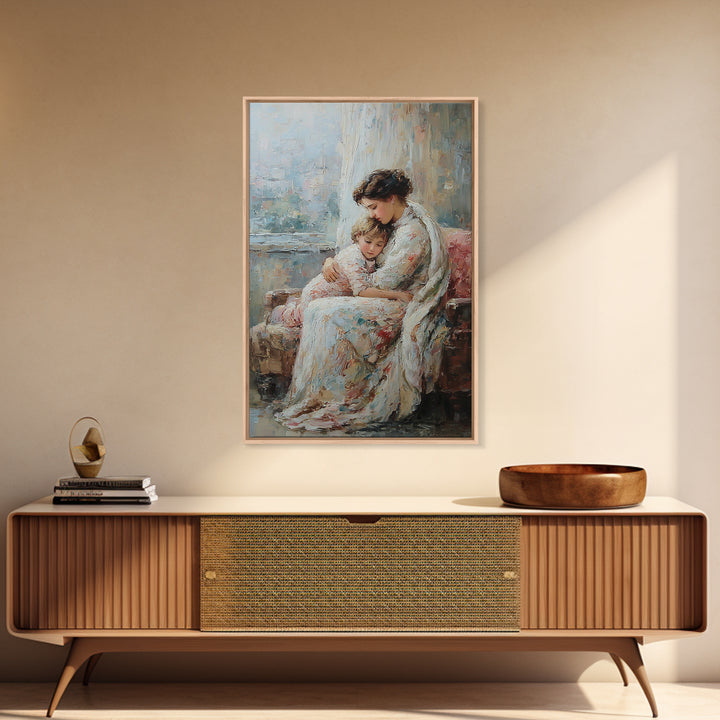 Mother And Child Resting On Floral Sofa Framed Canvas Print, Impressionist Wall Art For Living Room Decor And Gift For Mom