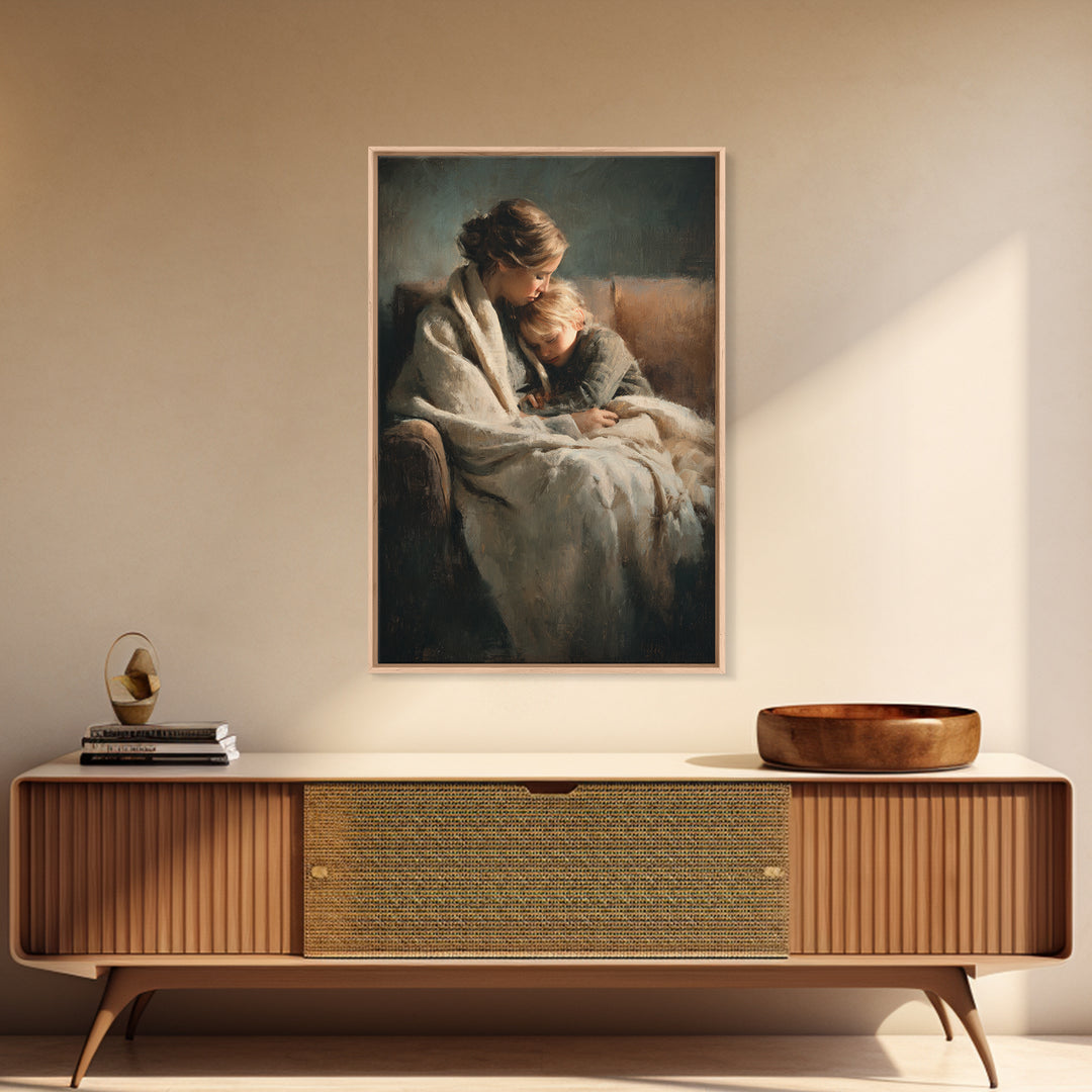 Moody Mother And Child Wrapped In Blanket Wall Art, Warm Impressionist Canvas Print For Bedroom Decor, Nursery, And Gift For Mom
