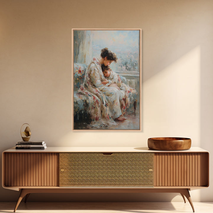 Mother And Child Cuddling By City Window Canvas Print, Soft Impressionist Wall Art For Bedroom Decor, Nursery, And Gift For Her