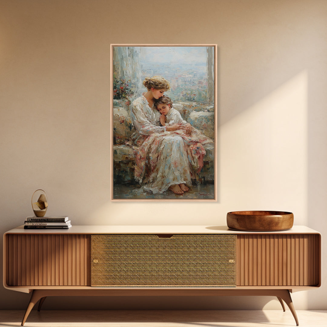 Mother And Child By Bright Window Wall Art, Textured Impressionist Canvas Print For Living Room Decor, Nursery, And Gift For Mom