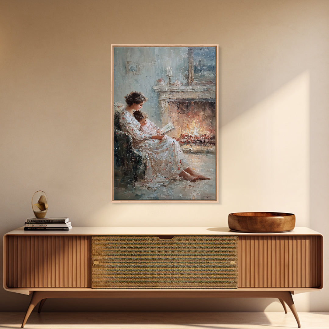 Mother And Child Reading Beside Elegant Fireplace Canvas Print, Impressionist Wall Art, Cozy Bedroom Decor, Gift For Mom