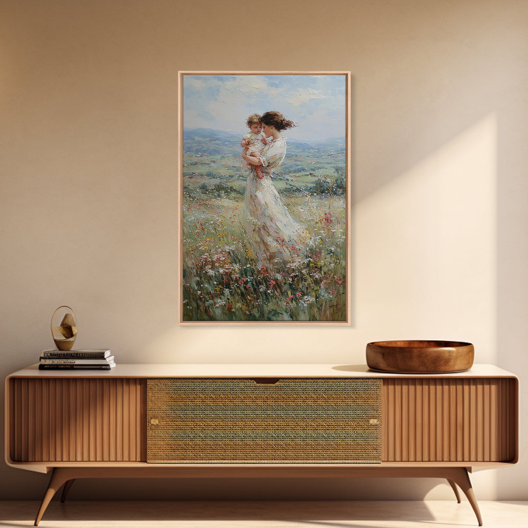 Mother Holding Baby In Windy Wildflower Valley Wall Art, Impressionist Landscape Painting, Feminine Nursery Decor, Gift For Mom