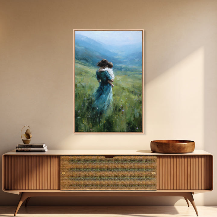 Mother And Child Embracing In Blue Mountain Meadow Canvas Print, Calming Landscape Wall Art, Nature Decor, Gift For Mom Print