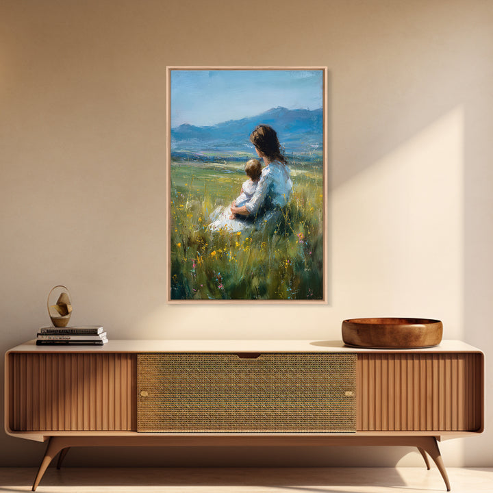 Mother And Child In Wildflower Meadow Canvas Print, Blue Mountain Landscape Wall Art, Nursery Decor, Mothers Day Gift, Home Decor