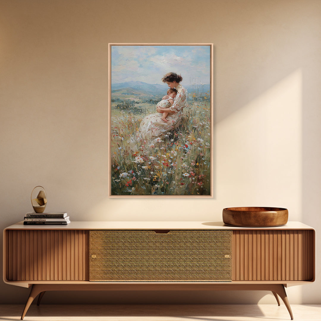 Nursing Mother And Baby In Floral Meadow Framed Canvas Print, Impressionist Landscape Wall Art, Nursery Decor, Gift For Her