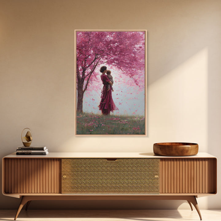 Mother And Toddler Under Pink Cherry Blossoms Wall Art, Romantic Floral Canvas Print, Feminine Decor, Mothers Day Gift, Nursery Decor
