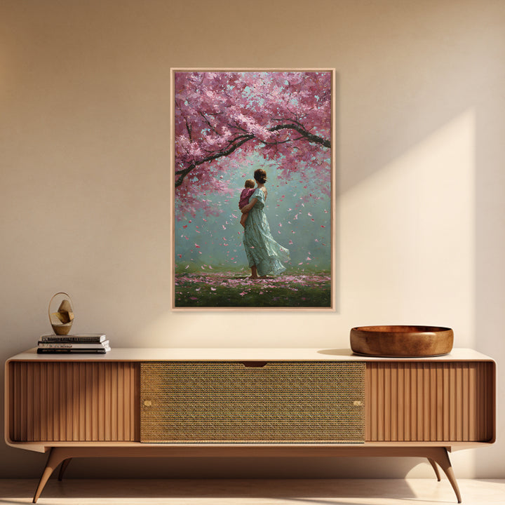 Mother And Child Beneath Cherry Blossom Canopy Canvas Print, Pink Floral Wall Art, Romantic Nursery Decor, Gift For Her, Home Decor