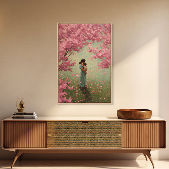 Mother Embracing Baby In Pink Blossom Garden Framed Canvas Print, Floral Wall Art, Feminine Nursery Decor, Mothers Day Gift