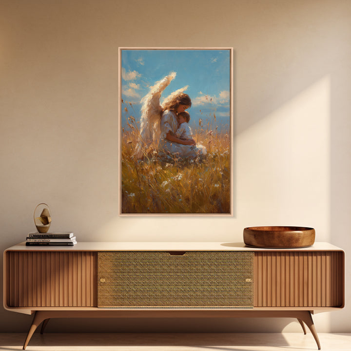 Guardian Angel Mother Holding Baby In Golden Wheat Field Canvas Print, Christian Wall Art, Nursery Decor, Mothers Day Gift