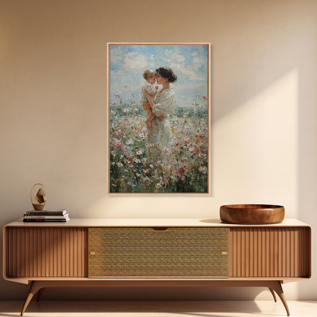 Mother And Baby Among White Wildflowers Framed Canvas Print, Impressionist Floral Wall Art, Nursery Decor, Gift For Her, Mothers Day Gift