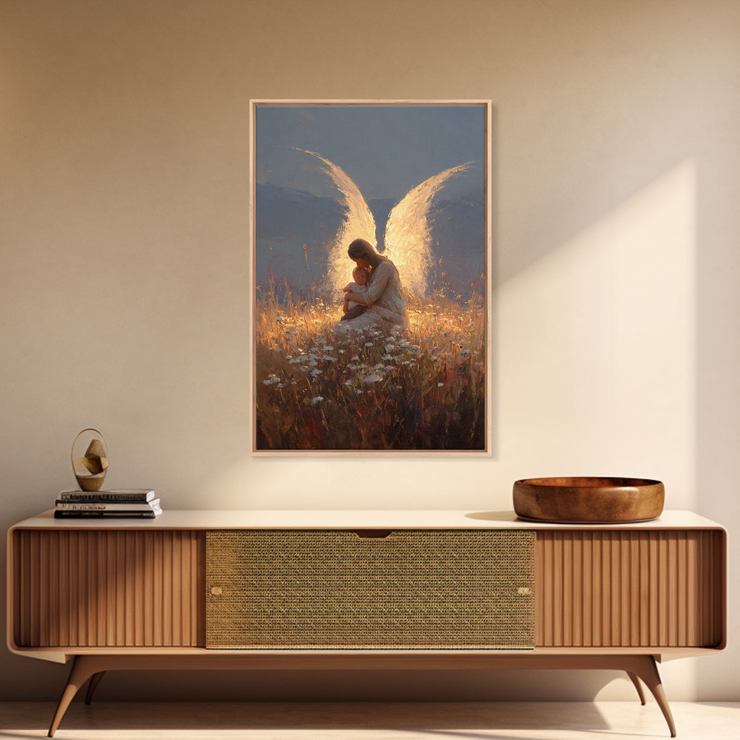 Glowing Guardian Angel With Baby In Twilight Meadow Canvas Print, Christian Wall Art, Spiritual Decor, Nursery Decor, Gift For Her